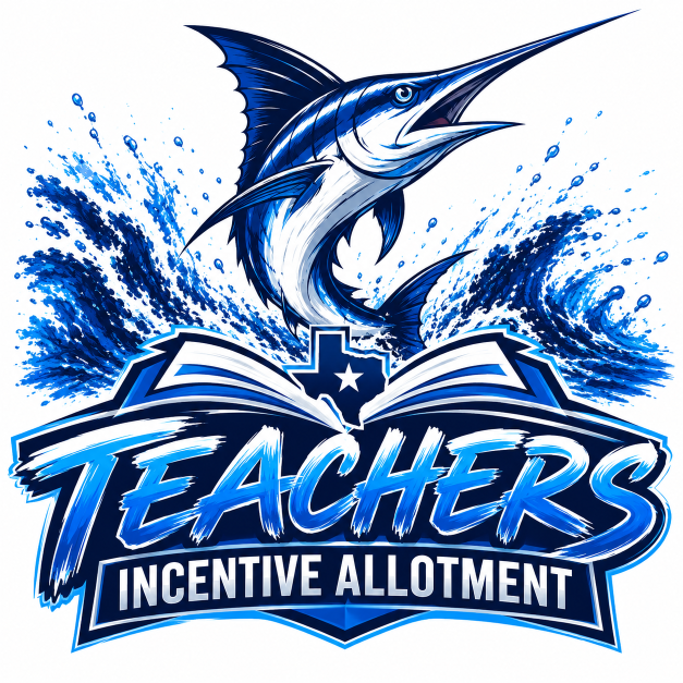 A blue and white logo featuring a marlin jumping out of water with an open book and the text "TEACHERS INCENTIVE ALLOTMENT".